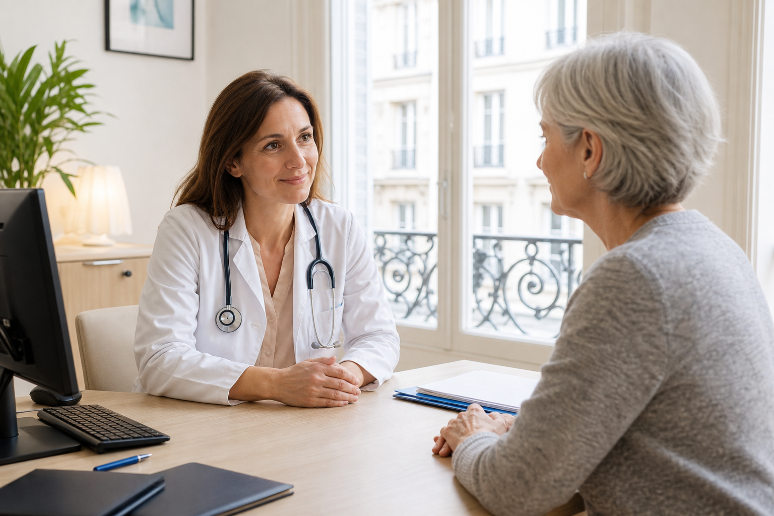 Une médecin généraliste en blouse blanche discute avec une patiente d'une soixantaine d'années dans un cabinet médical lumineux à Paris.