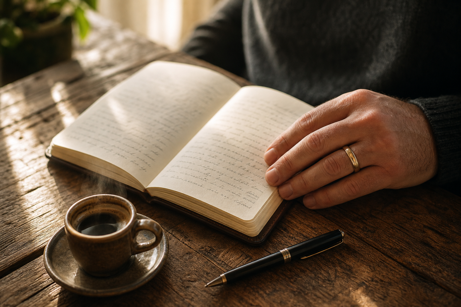 Une main portant une alliance tient un carnet personnel ouvert sur une table en bois rustique, avec une plume posée à côté et une tasse d'espresso — ambiance journal intime du matin.