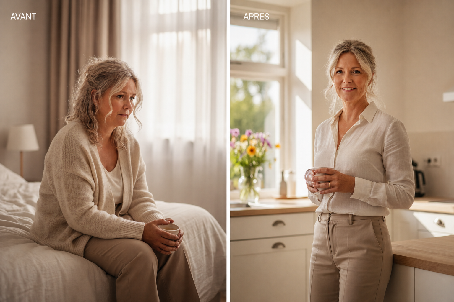 Split-Screen Vorher/Nachher: Frau ~45, blonde-graue Haare, links sitzend auf Bett, müde wirkend, häl