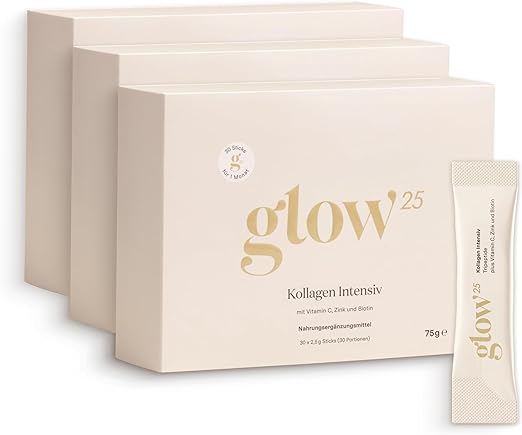 Glow25 Kollagen Intensiv — Packshot (3 Boxen + Stick)